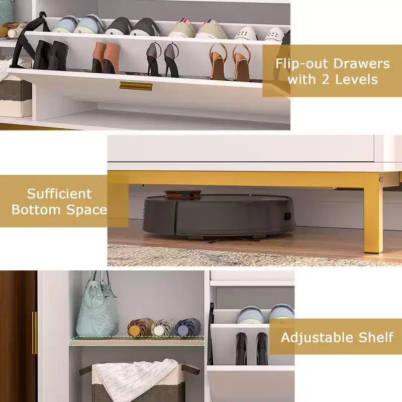 Banc de rangement VECELO, avec tiroirs à deux niveaux rabattables pour l'entrée, organisateur de chaussures, coussin d'assise amovible