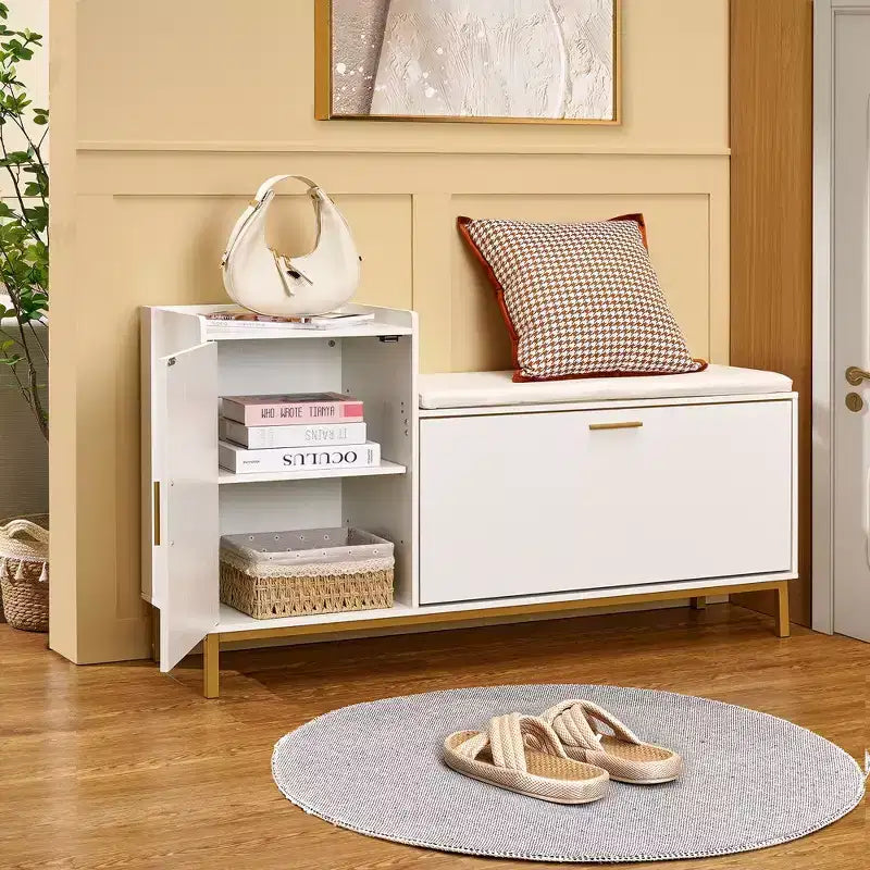 Banc de rangement VECELO, avec tiroirs à deux niveaux rabattables pour l'entrée, organisateur de chaussures, coussin d'assise amovible