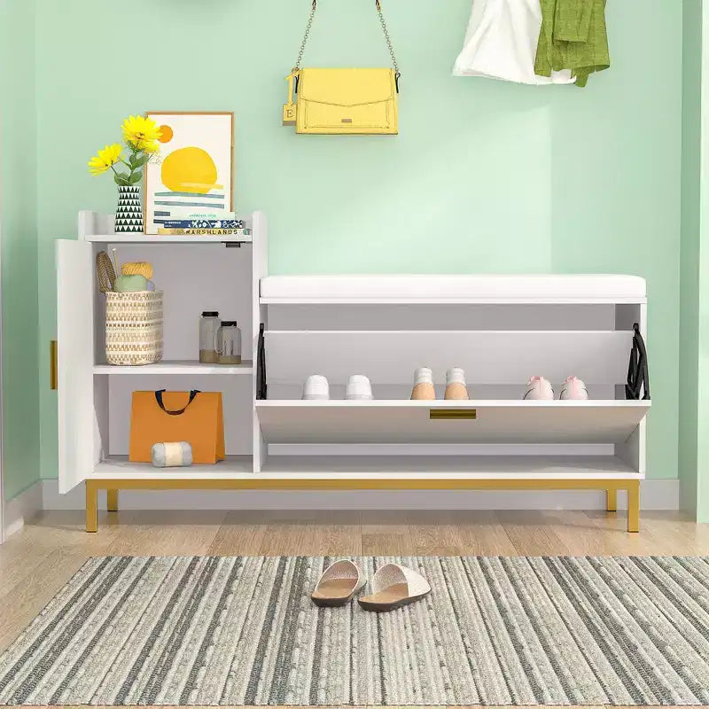 Banc de rangement VECELO, avec tiroirs à deux niveaux rabattables pour l'entrée, organisateur de chaussures, coussin d'assise amovible