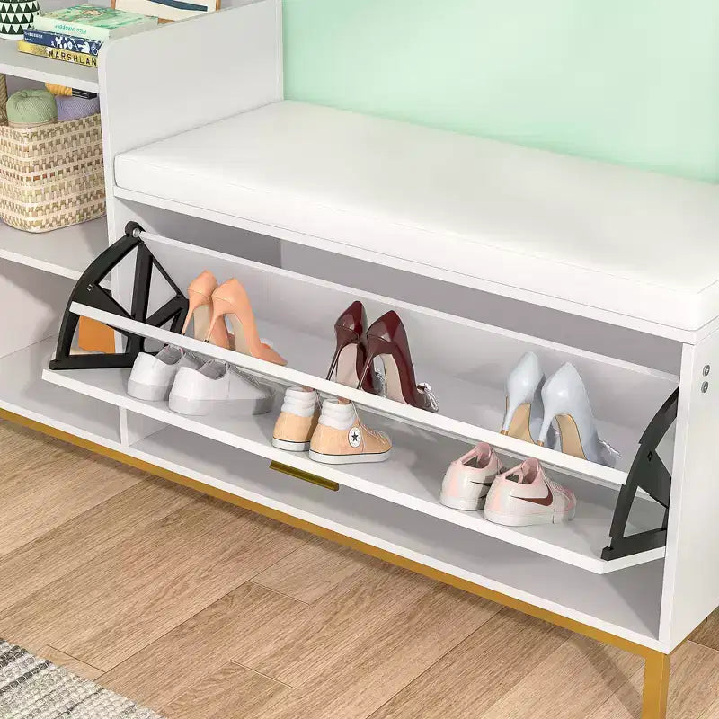 Banc de rangement VECELO, avec tiroirs à deux niveaux rabattables pour l'entrée, organisateur de chaussures, coussin d'assise amovible
