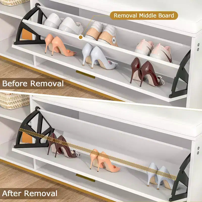 Banc de rangement VECELO, avec tiroirs à deux niveaux rabattables pour l'entrée, organisateur de chaussures, coussin d'assise amovible