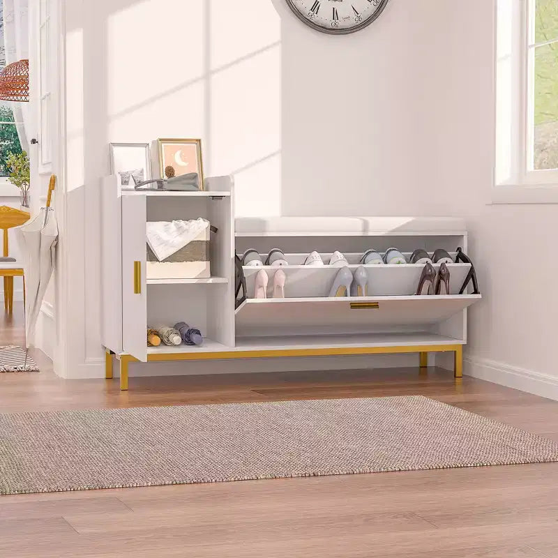 Banc de rangement VECELO, avec tiroirs à deux niveaux rabattables pour l'entrée, organisateur de chaussures, coussin d'assise amovible