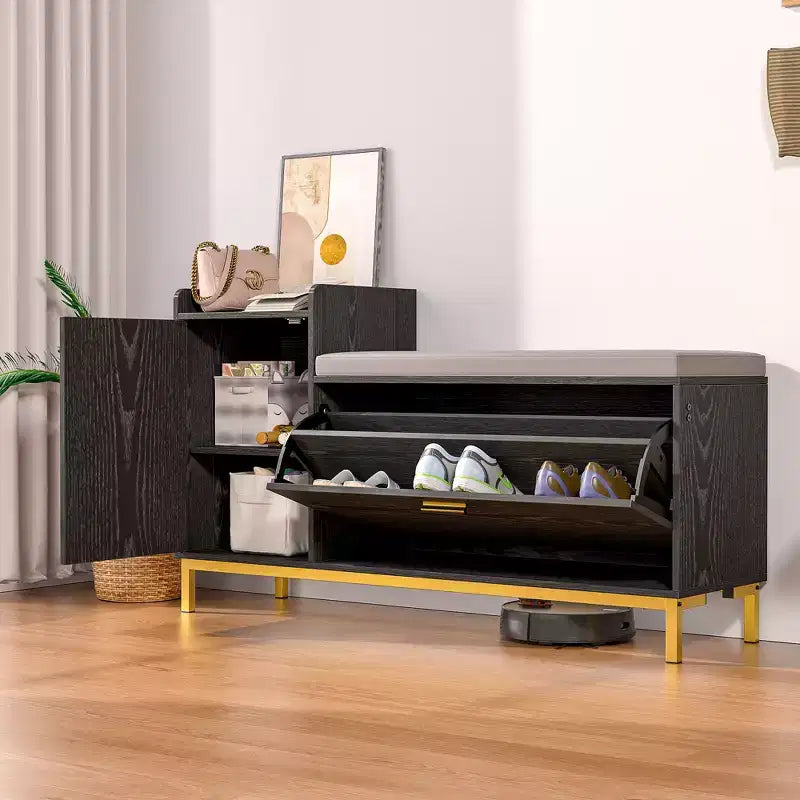Banc de rangement VECELO, avec tiroirs à deux niveaux rabattables pour l'entrée, organisateur de chaussures, coussin d'assise amovible
