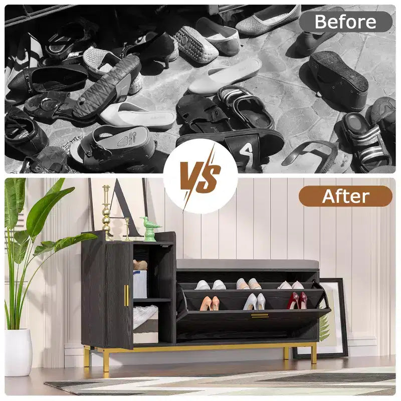 Banc de rangement VECELO, avec tiroirs à deux niveaux rabattables pour l'entrée, organisateur de chaussures, coussin d'assise amovible