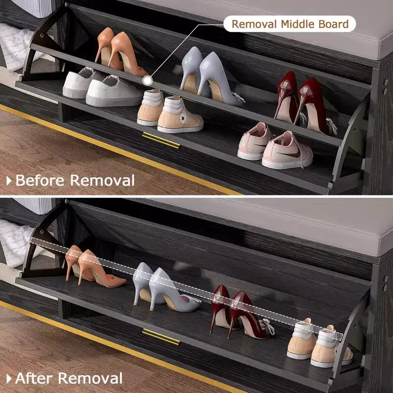 Banc de rangement VECELO, avec tiroirs à deux niveaux rabattables pour l'entrée, organisateur de chaussures, coussin d'assise amovible