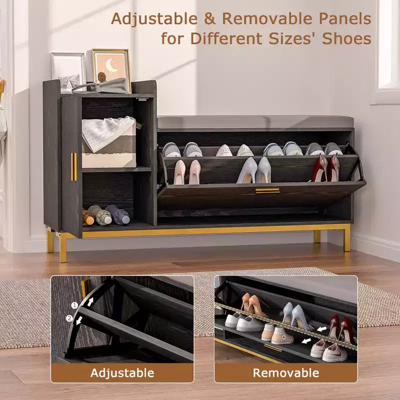 Banc de rangement VECELO, avec tiroirs à deux niveaux rabattables pour l'entrée, organisateur de chaussures, coussin d'assise amovible