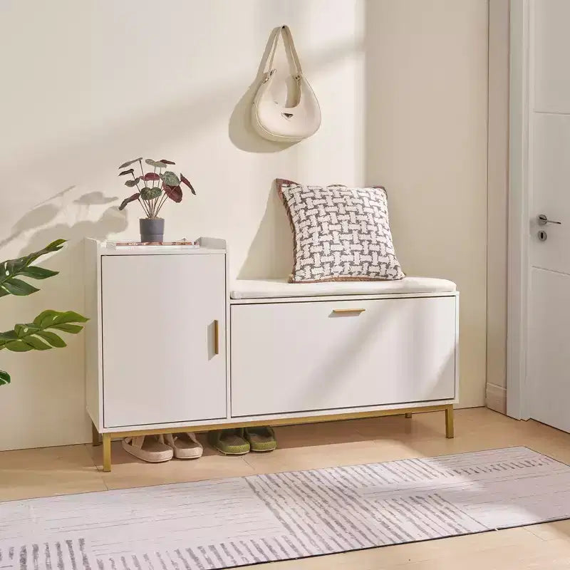 Banc de rangement VECELO, avec tiroirs à deux niveaux rabattables pour l'entrée, organisateur de chaussures, coussin d'assise amovible