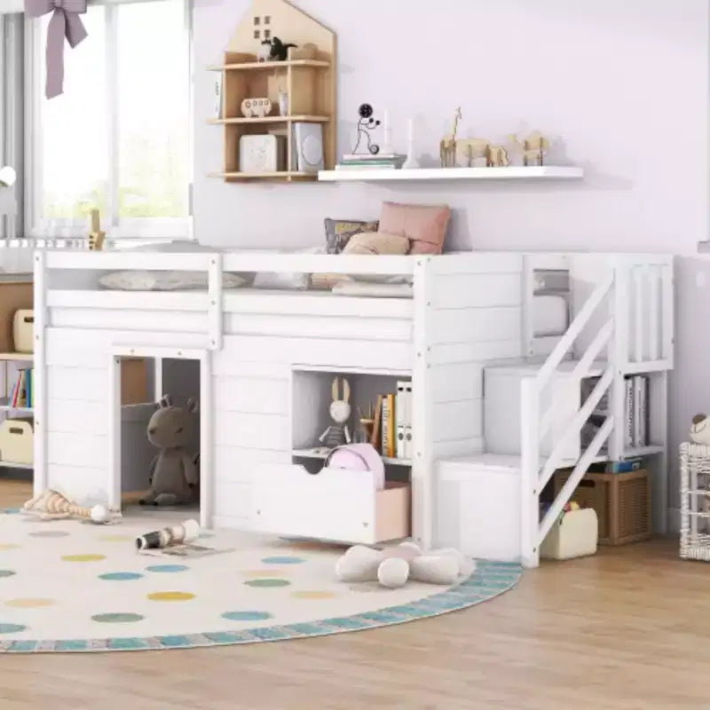 Lits mezzanines bas une place, lit une place avec escalier et garde-corps de sécurité pour enfants, adolescents et jeunes filles, cadre de lit en bois une place