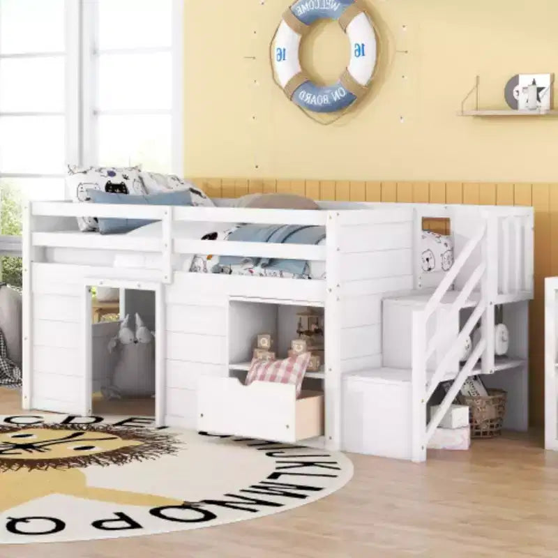 Lits mezzanines bas une place, lit une place avec escalier et garde-corps de sécurité pour enfants, adolescents et jeunes filles, cadre de lit en bois une place
