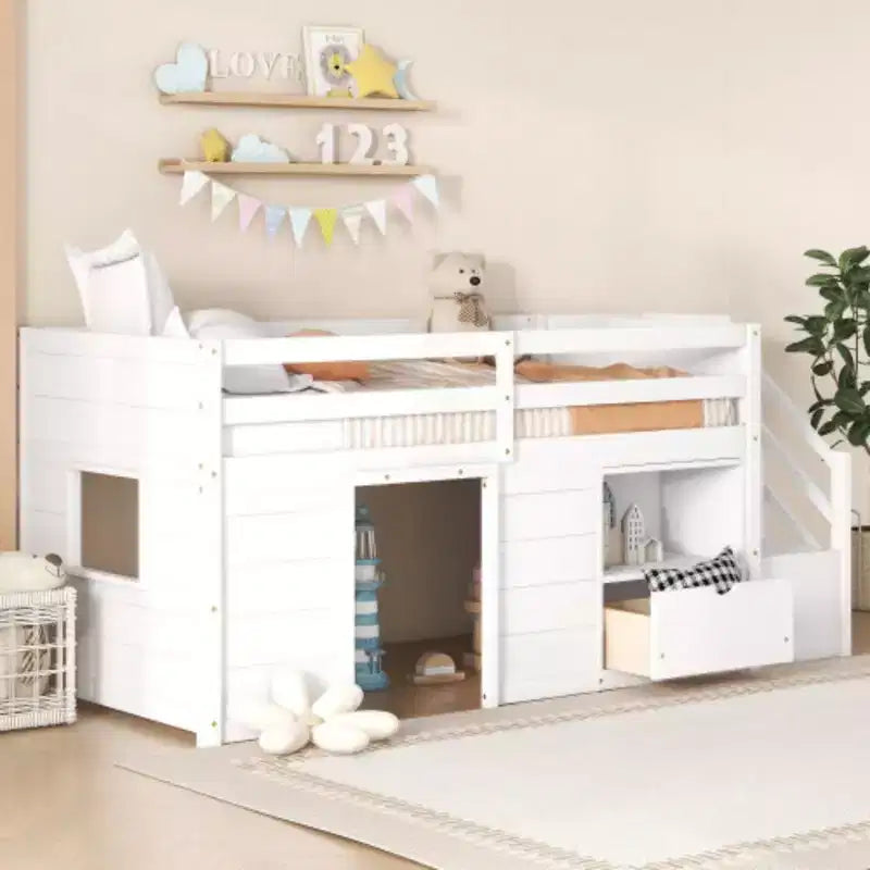 Lits mezzanines bas une place, lit une place avec escalier et garde-corps de sécurité pour enfants, adolescents et jeunes filles, cadre de lit en bois une place