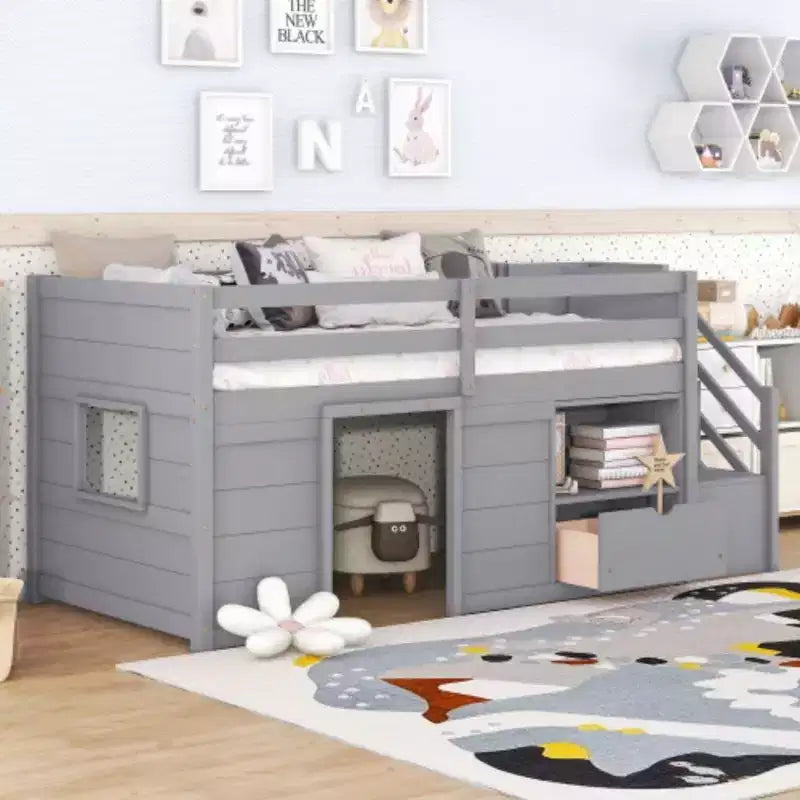 Lits mezzanines bas une place, lit une place avec escalier et garde-corps de sécurité pour enfants, adolescents et jeunes filles, cadre de lit en bois une place