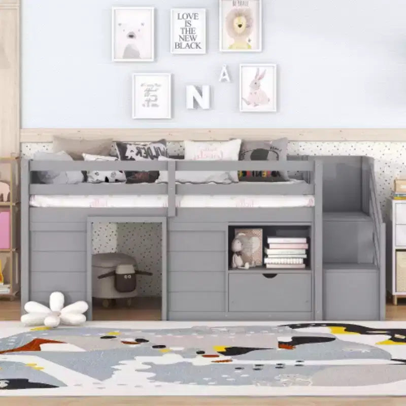 Lits mezzanines bas une place, lit une place avec escalier et garde-corps de sécurité pour enfants, adolescents et jeunes filles, cadre de lit en bois une place