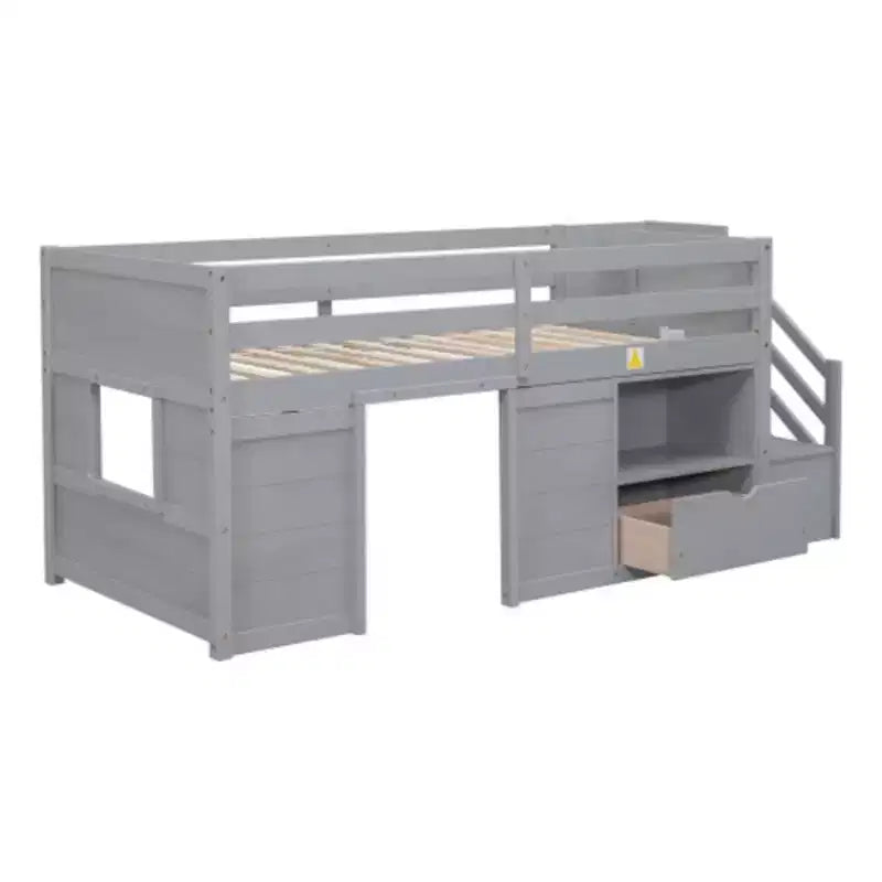 Lits mezzanines bas une place, lit une place avec escalier et garde-corps de sécurité pour enfants, adolescents et jeunes filles, cadre de lit en bois une place