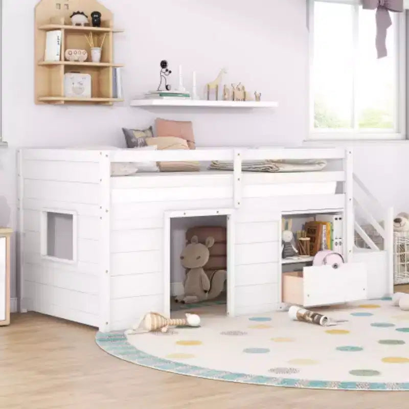 Lits mezzanines bas une place, lit une place avec escalier et garde-corps de sécurité pour enfants, adolescents et jeunes filles, cadre de lit en bois une place