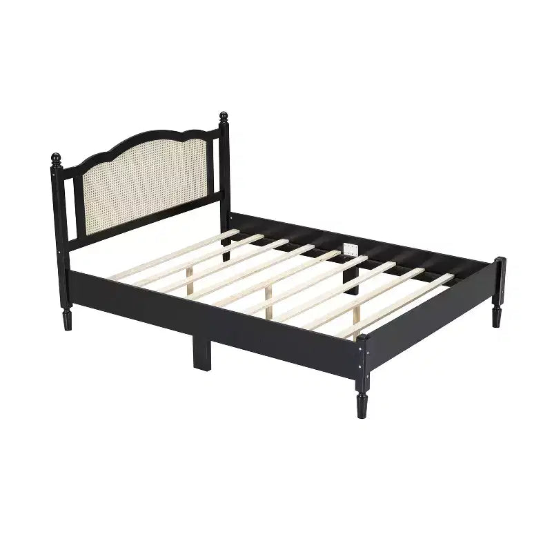 Lit plateforme en bois Queen/Full avec tête de lit en rotin naturel, cadre de lit vintage avec support à lattes en bois 4B - ModernLuxe