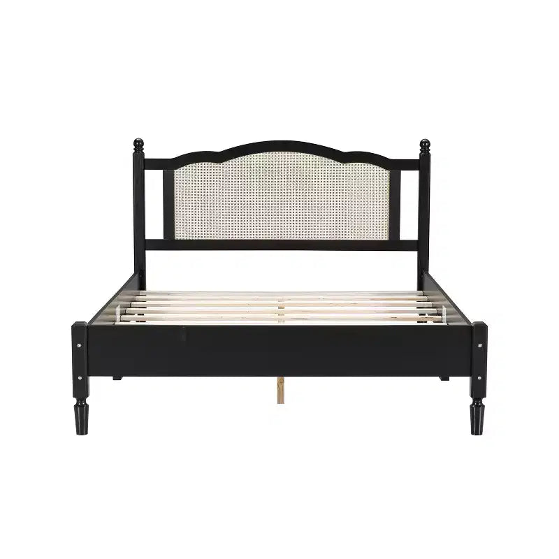 Lit plateforme en bois Queen/Full avec tête de lit en rotin naturel, cadre de lit vintage avec support à lattes en bois 4B - ModernLuxe