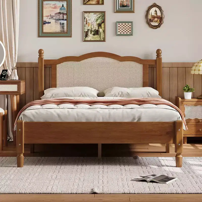 Lit plateforme en bois Queen/Full avec tête de lit en rotin naturel, cadre de lit vintage avec support à lattes en bois 4B - ModernLuxe