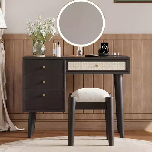 39W Retro Wooden Makeup Vanity Set with Charging Plug & USB Port and Stool, Dressing Table with 3 Drawers and 1 Rattan Drawer 4B - ModernLuxe