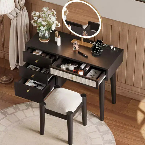 Coiffeuse rétro en bois 39 W avec prise de charge, port USB et tabouret, table de maquillage avec 3 tiroirs et 1 tiroir en rotin 4B - ModernLuxe