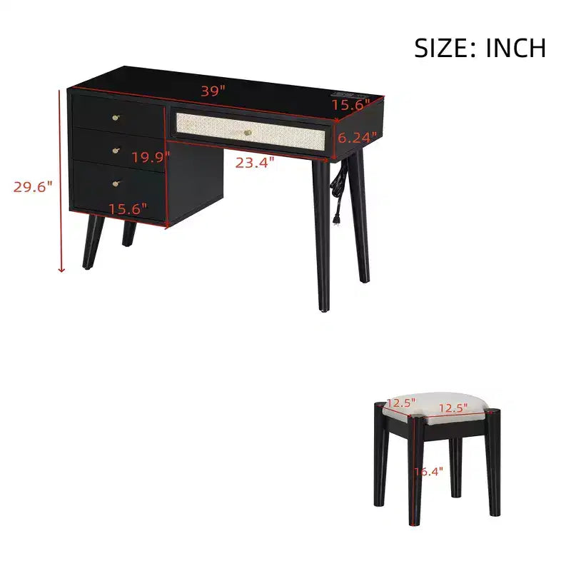 Coiffeuse rétro en bois 39 W avec prise de charge, port USB et tabouret, table de maquillage avec 3 tiroirs et 1 tiroir en rotin 4B - ModernLuxe