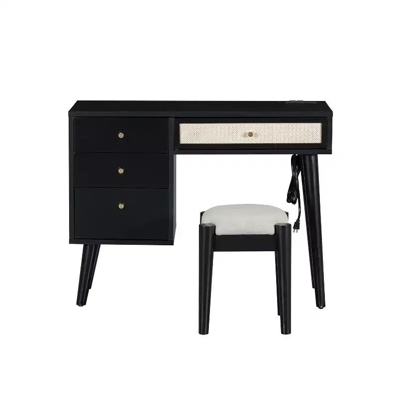 Coiffeuse rétro en bois 39 W avec prise de charge, port USB et tabouret, table de maquillage avec 3 tiroirs et 1 tiroir en rotin 4B - ModernLuxe