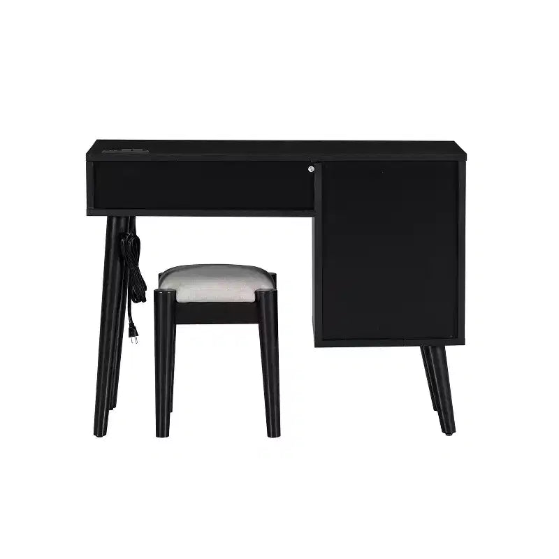 Coiffeuse rétro en bois 39 W avec prise de charge, port USB et tabouret, table de maquillage avec 3 tiroirs et 1 tiroir en rotin 4B - ModernLuxe