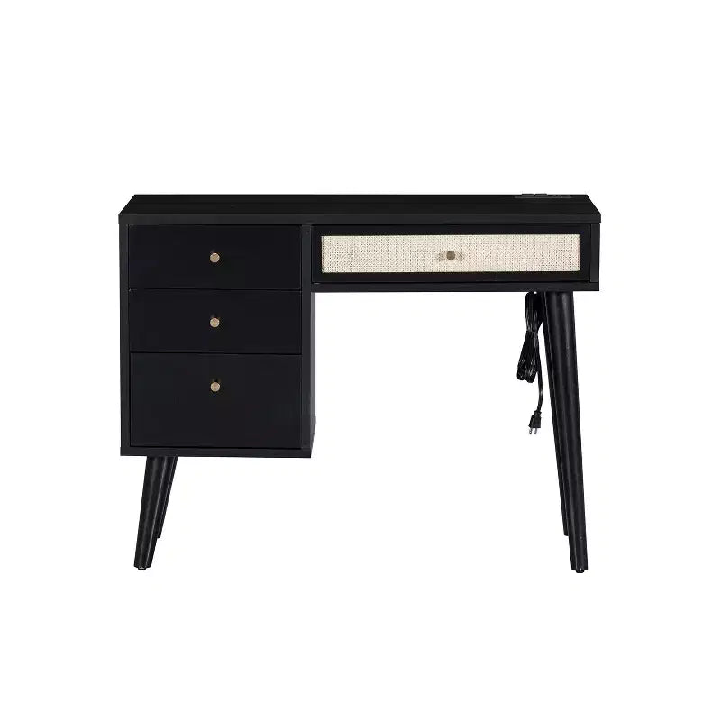 Coiffeuse rétro en bois 39 W avec prise de charge, port USB et tabouret, table de maquillage avec 3 tiroirs et 1 tiroir en rotin 4B - ModernLuxe