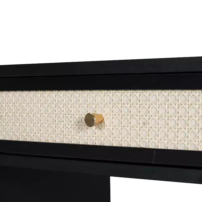 Coiffeuse rétro en bois 39 W avec prise de charge, port USB et tabouret, table de maquillage avec 3 tiroirs et 1 tiroir en rotin 4B - ModernLuxe
