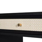 Coiffeuse rétro en bois 39 W avec prise de charge, port USB et tabouret, table de maquillage avec 3 tiroirs et 1 tiroir en rotin 4B - ModernLuxe