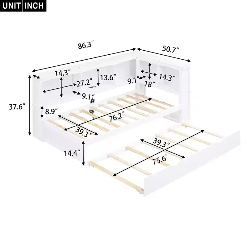 Lit de repos double avec lit gigogne/2 tiroirs, armoires de rangement et ports USB 4B - ModernLuxe