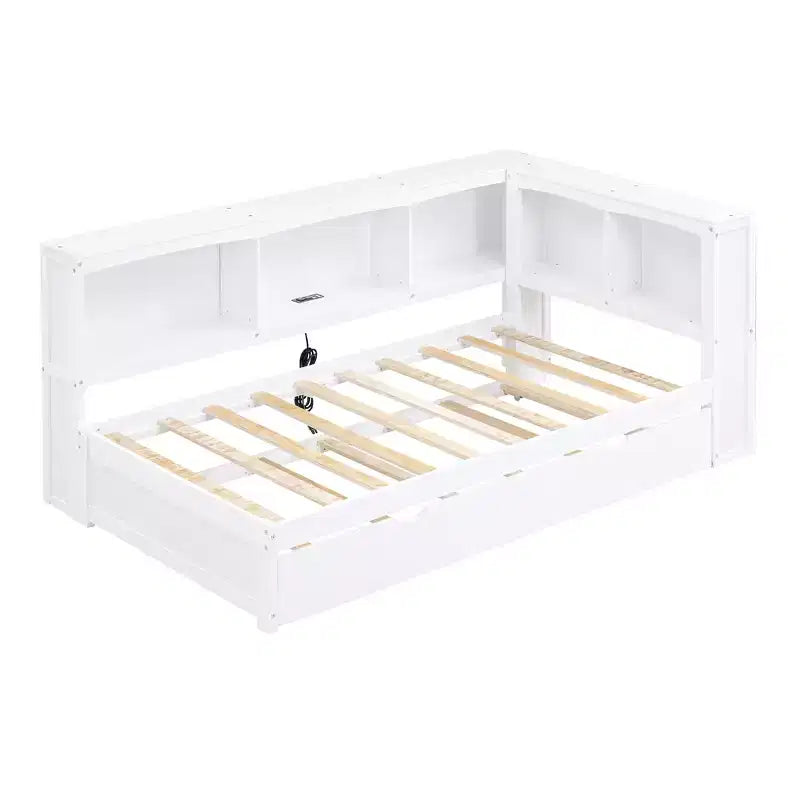 Lit de repos double avec lit gigogne/2 tiroirs, armoires de rangement et ports USB 4B - ModernLuxe