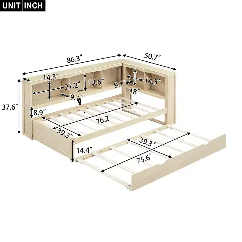 Lit de repos double avec lit gigogne/2 tiroirs, armoires de rangement et ports USB 4B - ModernLuxe