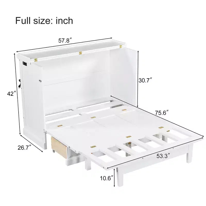 Lit escamotable en bois taille Queen/Full ModernLuxe, armoire-lit pliable peu encombrante avec station de recharge USB et tiroirs de rangement