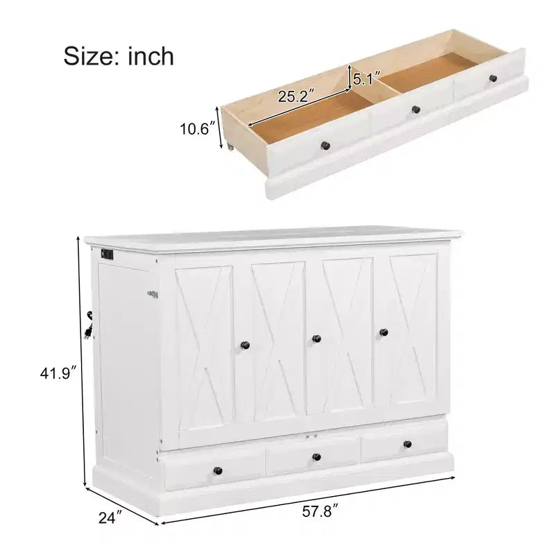 Lit escamotable en bois taille Queen/Full ModernLuxe, armoire-lit pliable peu encombrante avec station de recharge USB et tiroirs de rangement