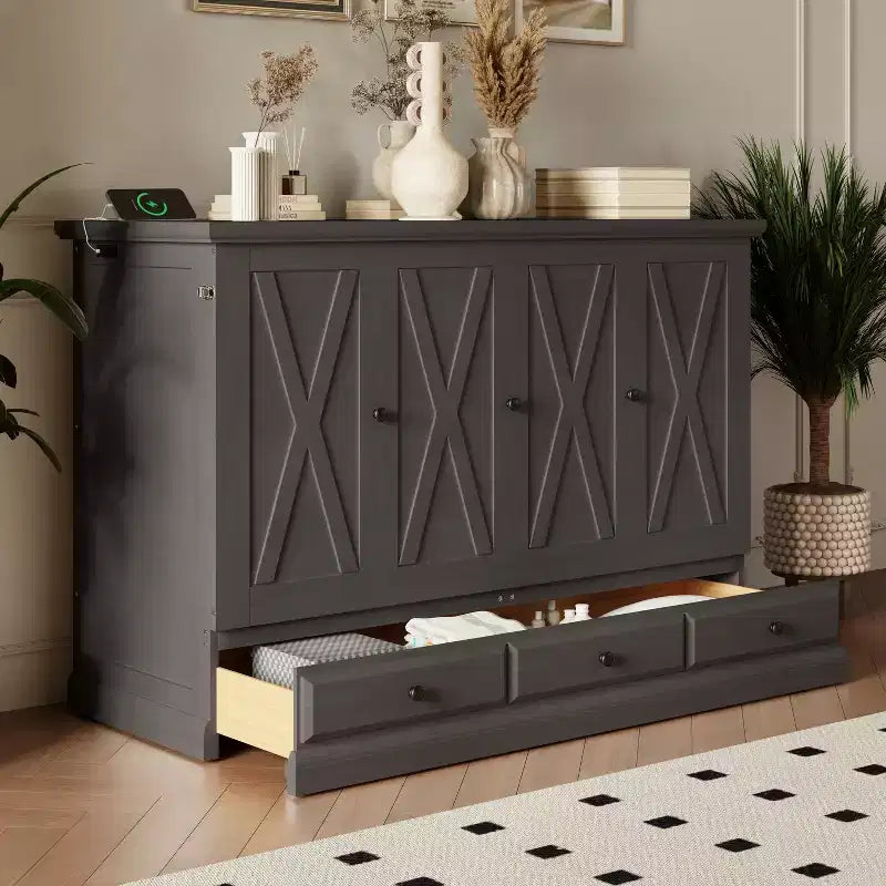 Lit escamotable en bois taille Queen/Full ModernLuxe, armoire-lit pliable peu encombrante avec station de recharge USB et tiroirs de rangement