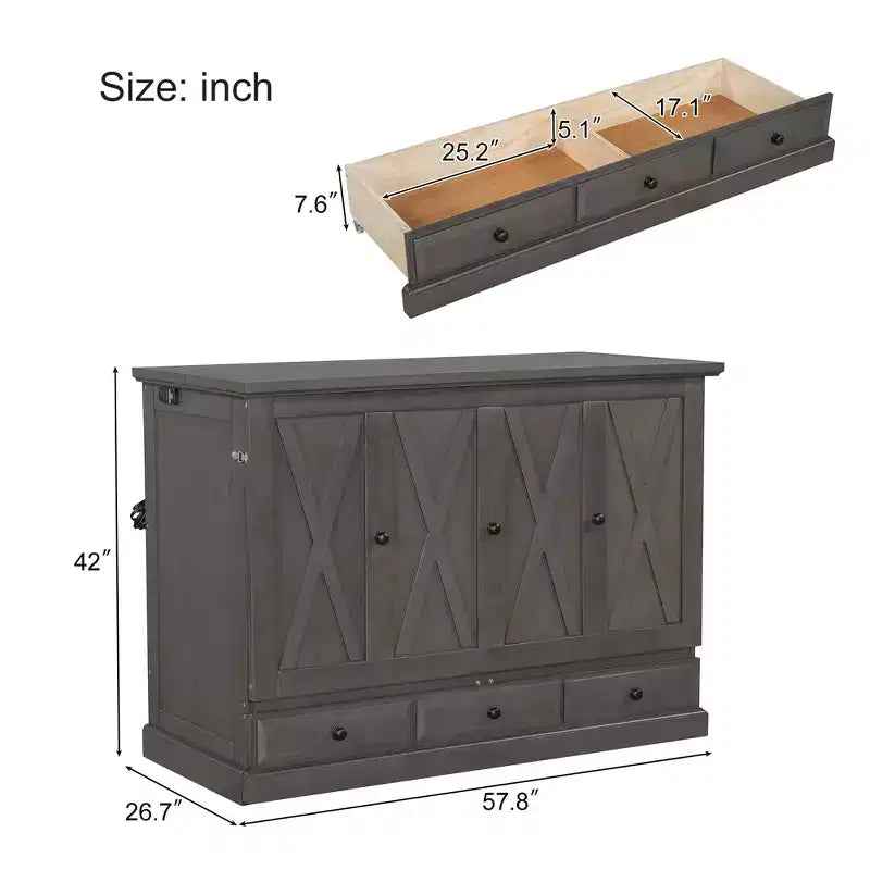 Lit escamotable en bois taille Queen/Full ModernLuxe, armoire-lit pliable peu encombrante avec station de recharge USB et tiroirs de rangement