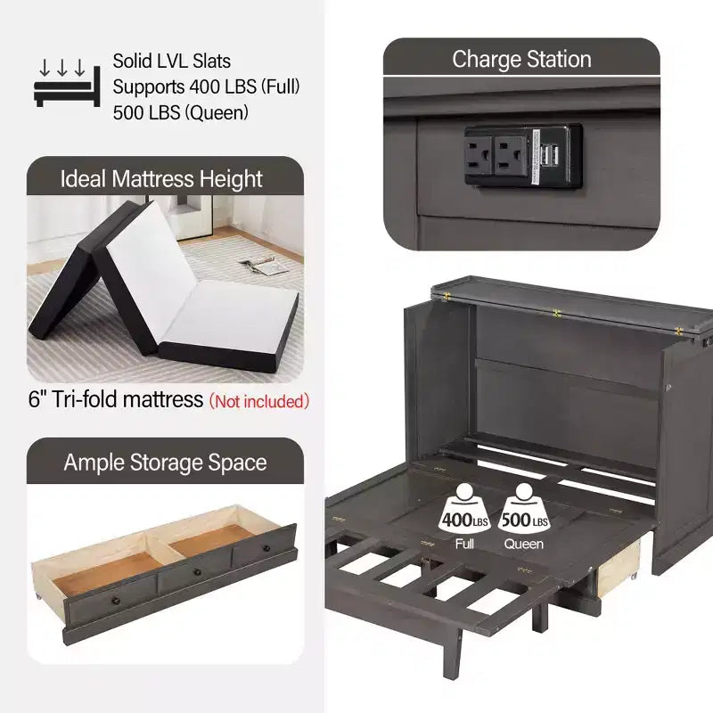 Lit escamotable en bois taille Queen/Full ModernLuxe, armoire-lit pliable peu encombrante avec station de recharge USB et tiroirs de rangement