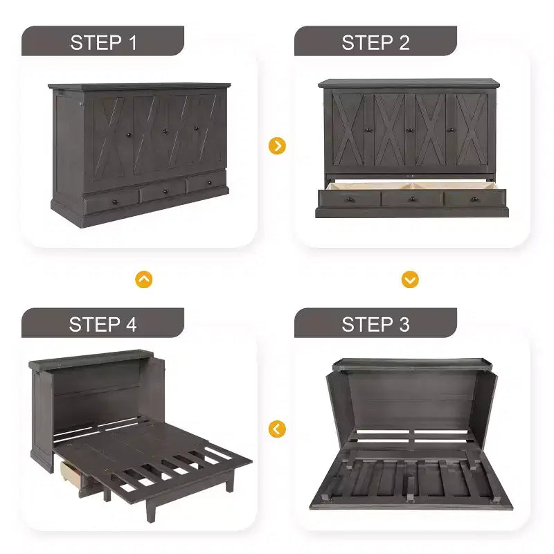 Lit escamotable en bois taille Queen/Full ModernLuxe, armoire-lit pliable peu encombrante avec station de recharge USB et tiroirs de rangement