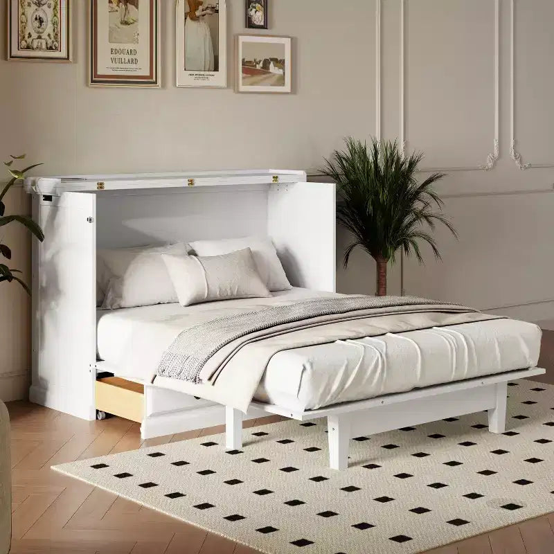 Lit escamotable en bois taille Queen/Full ModernLuxe, armoire-lit pliable peu encombrante avec station de recharge USB et tiroirs de rangement