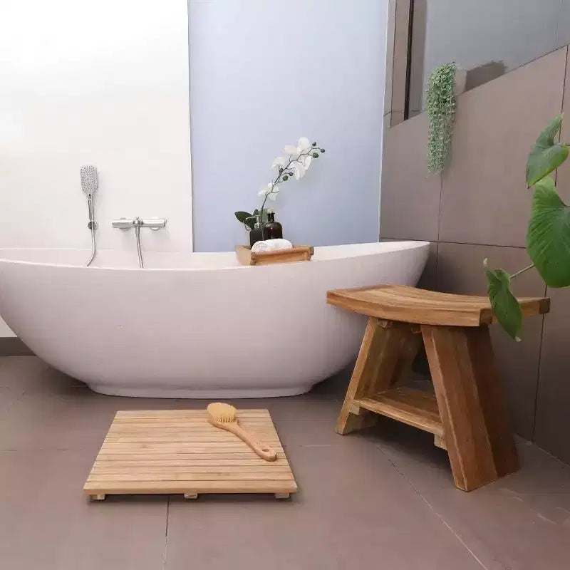 Nordic Teak Natural Shower and Bath Stool with Curved Seat and Shelf - Beige
