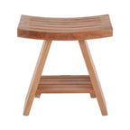 Tabouret de douche et de bain en teck nordique naturel avec siège incurvé et étagère - Beige