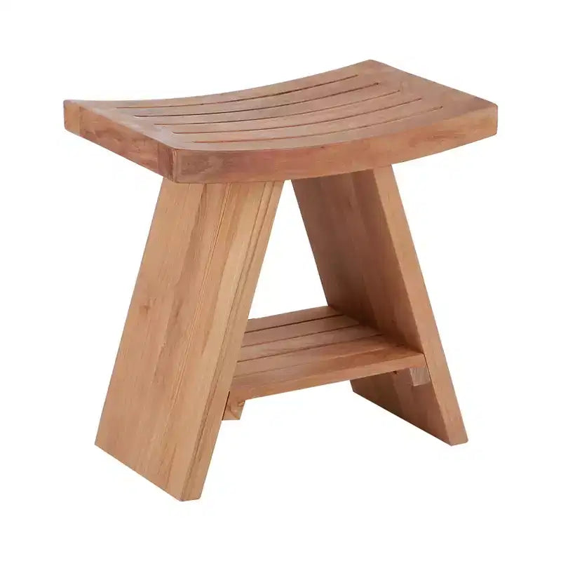 Tabouret de douche et de bain en teck nordique naturel avec siège incurvé et étagère - Beige