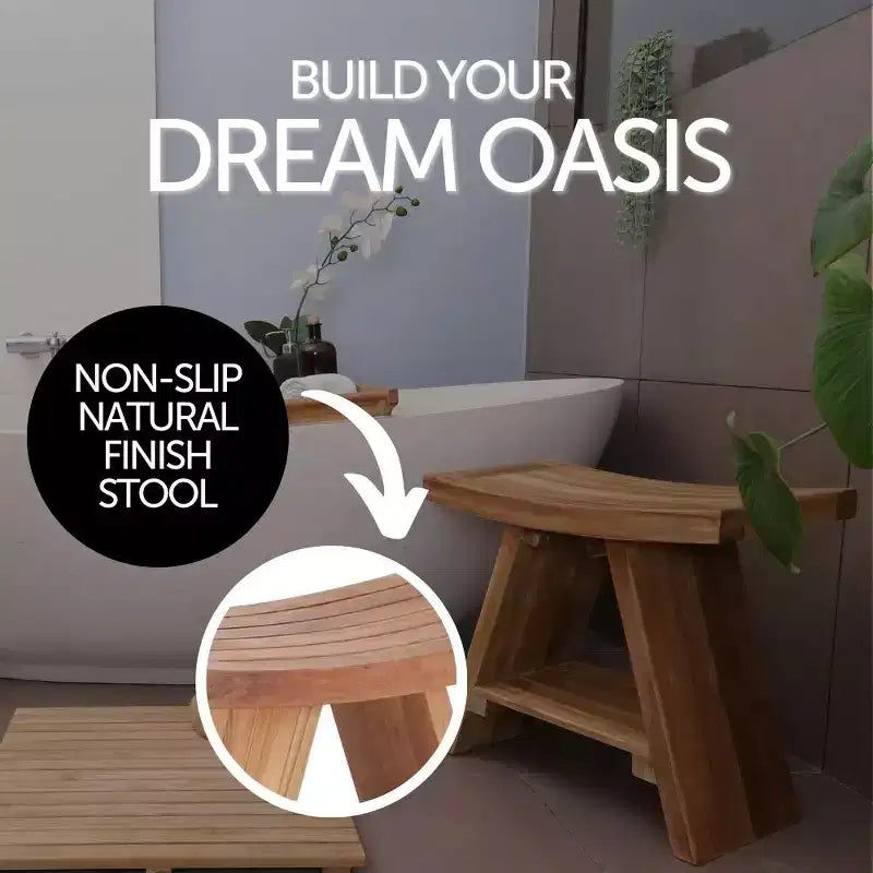 Tabouret de douche et de bain en teck nordique naturel avec siège incurvé et étagère - Beige