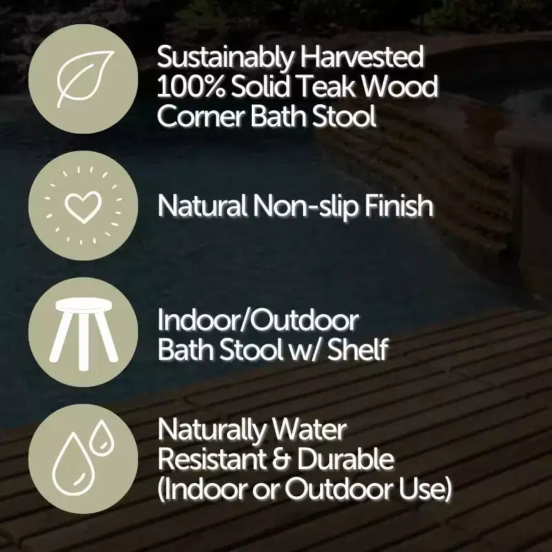 Tabouret de douche et de bain en teck nordique naturel avec siège incurvé et étagère - Beige