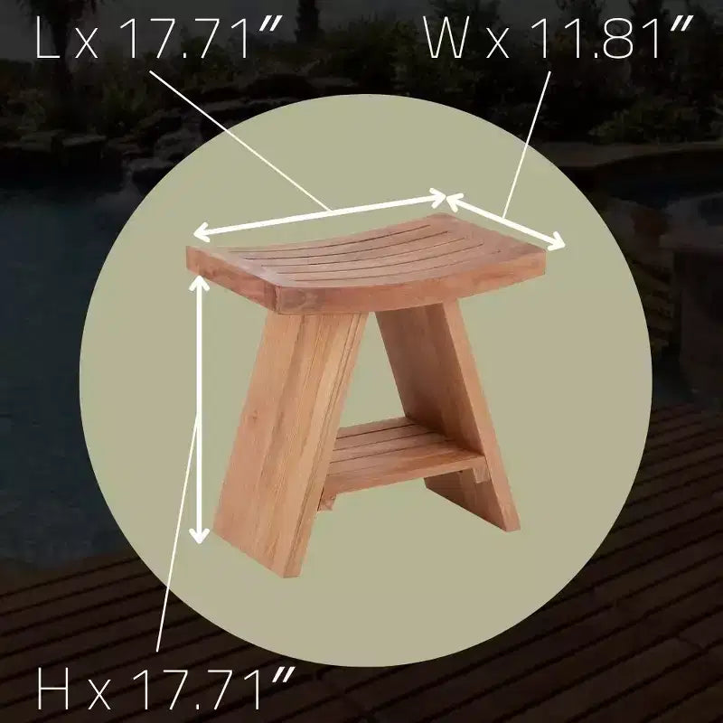 Tabouret de douche et de bain en teck nordique naturel avec siège incurvé et étagère - Beige