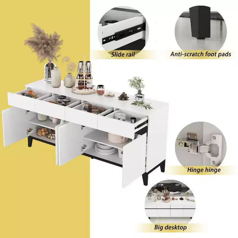 Famapy Buffet/Bahut Moderne Blanc 4 Portes Avec 4 Tiroirs de Rangement