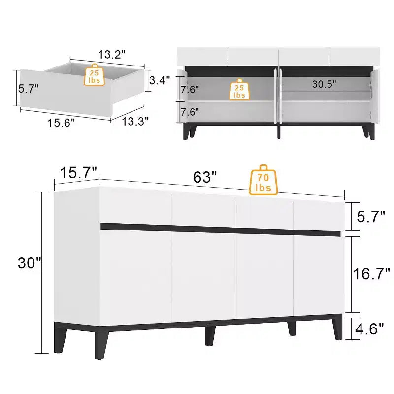 Famapy Buffet/Bahut Moderne Blanc 4 Portes Avec 4 Tiroirs de Rangement
