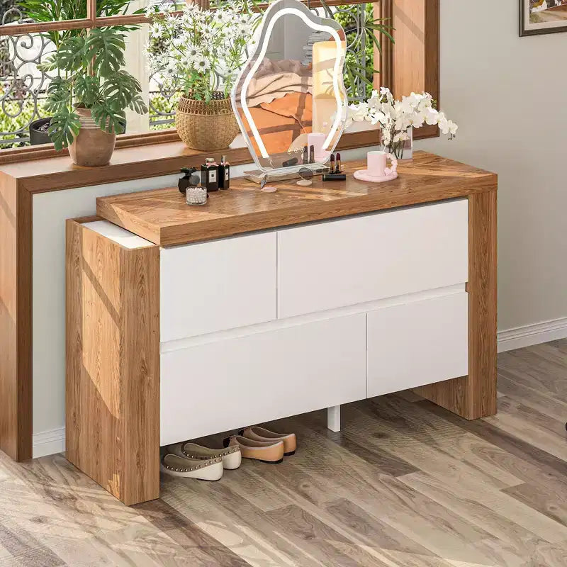 Table de Maquillage Rotative Famapy Marron et Blanc avec Tiroirs de Rangement