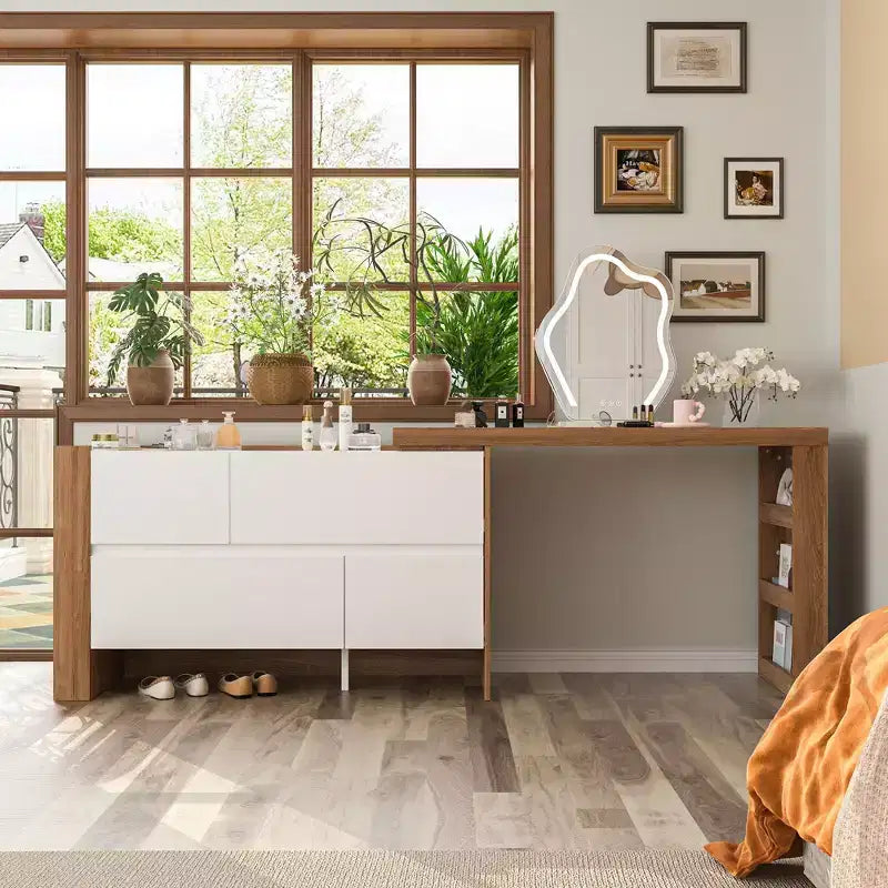 Table de Maquillage Rotative Famapy Marron et Blanc avec Tiroirs de Rangement