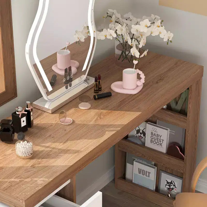 Table de Maquillage Rotative Famapy Marron et Blanc avec Tiroirs de Rangement